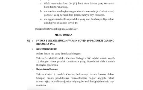 Vaksin Cansino Pakai Ginjal Embrio Manusia, MUI: Haram!